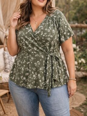 In Every Story Plus Size Green Floral Wrap Top Cottagecore Boho Peplum Blouse